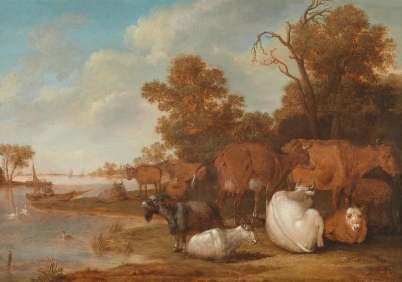 Paesaggio fluviale con bovini e capre, 1645